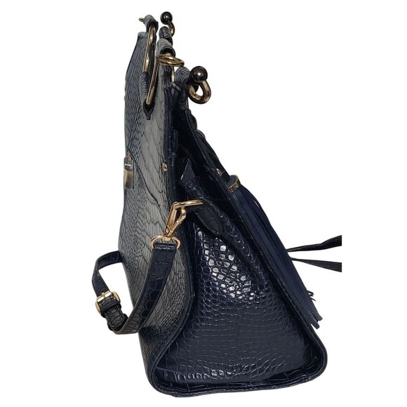 Navy Blue Croc-Embossed Vegan Leather Tote Bag & Wallet Set With Gold-Tone Hardw - Picture 2 of 7